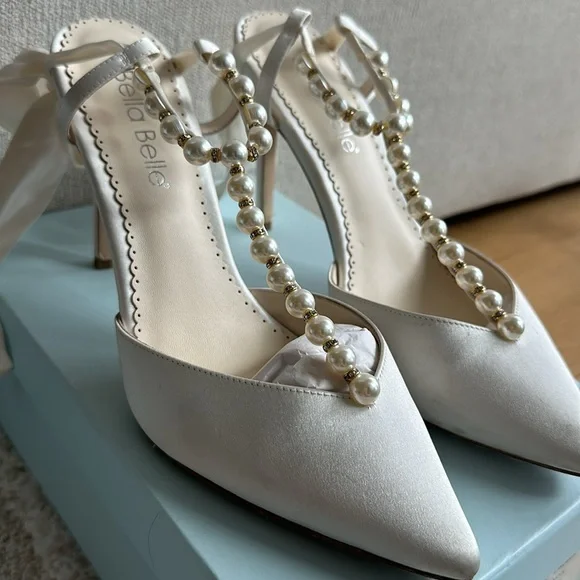Bella Belle Lisbeth heels. Pearl T-Strap Ivory Heels with Ankle Wrap Bow - Picture 2 of 7